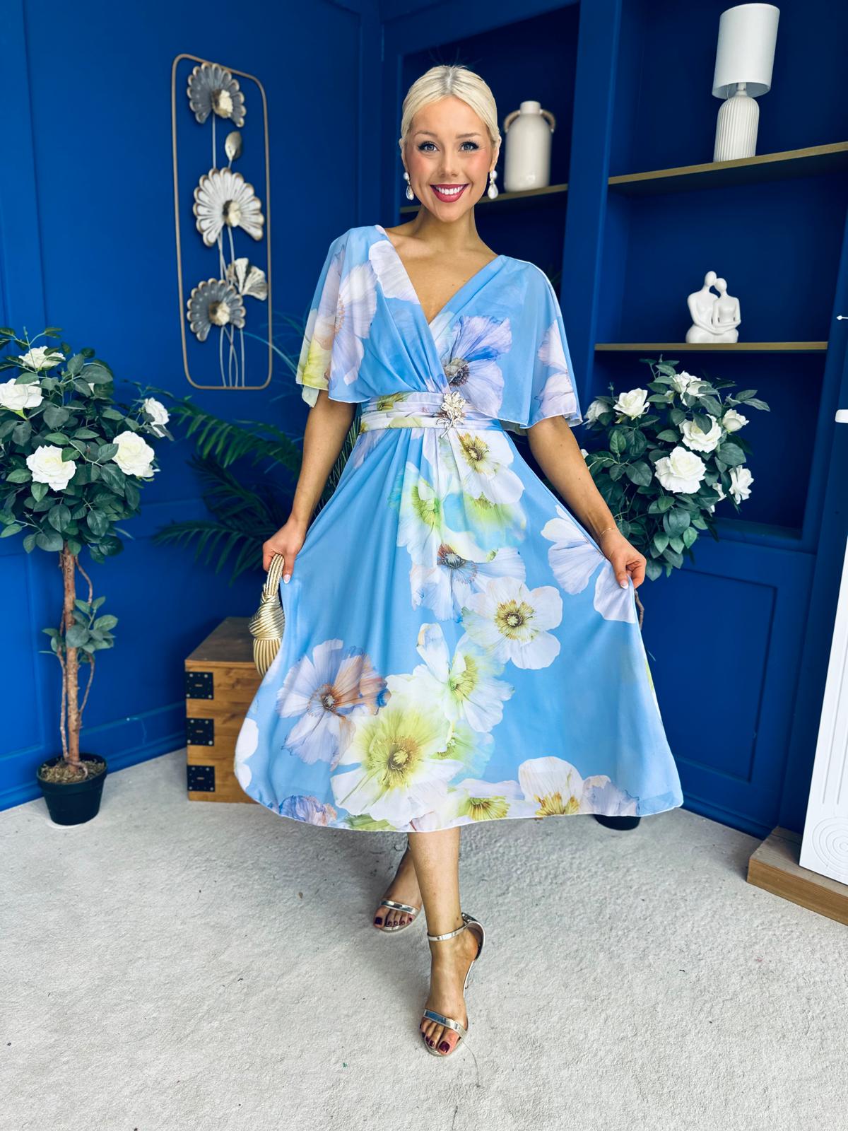 Julia Cape Detailed Midi Dress Floral Sky