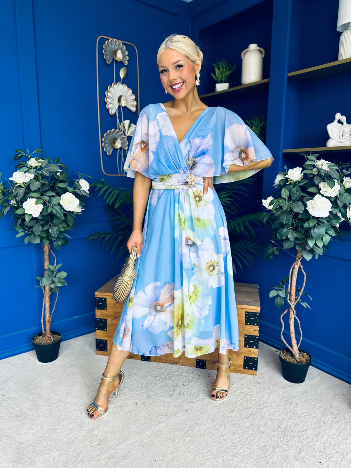 Julia Cape Detailed Midi Dress Floral Sky