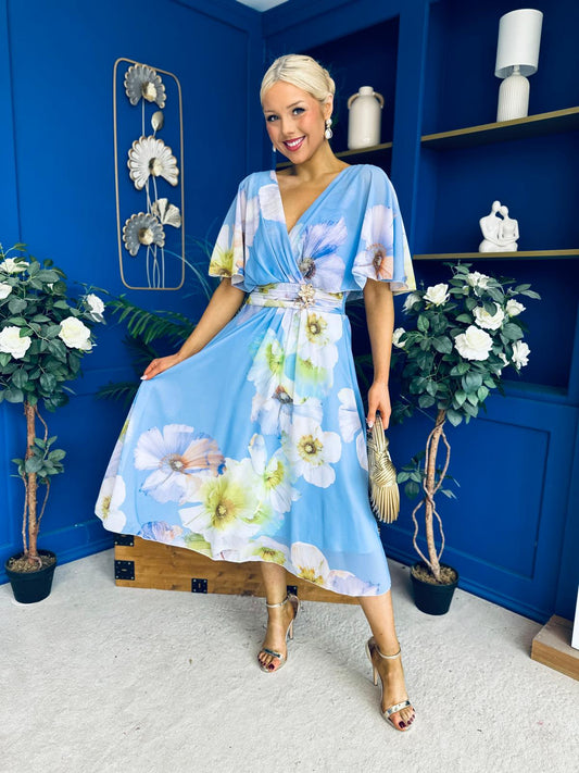 Julia Cape Detailed Midi Dress Floral Sky