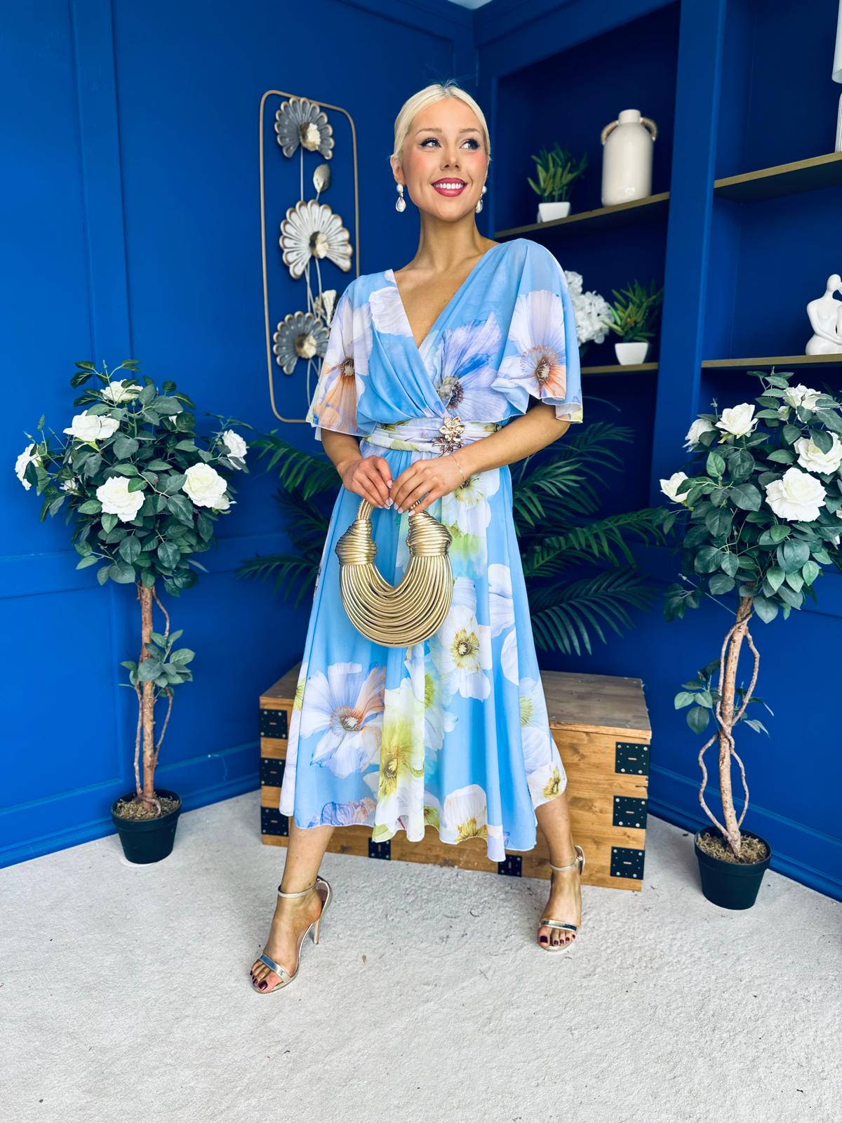Julia Cape Detailed Midi Dress Floral Sky