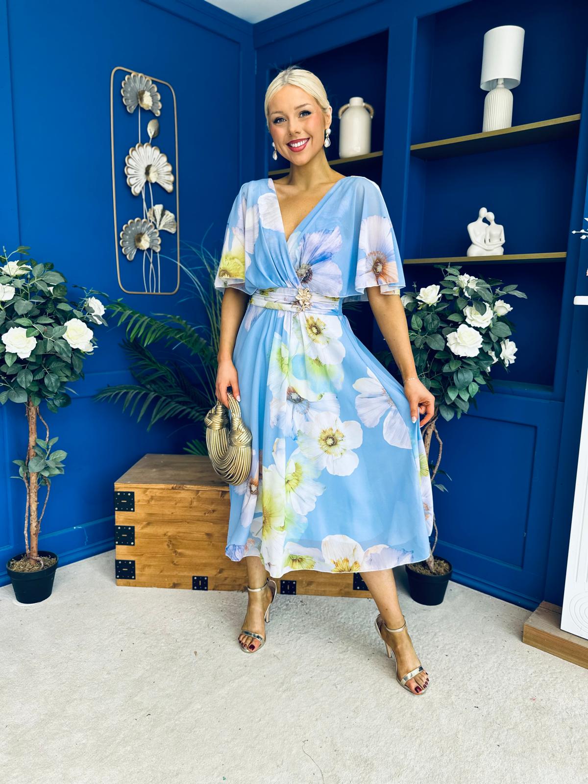 Julia Cape Detailed Midi Dress Floral Sky