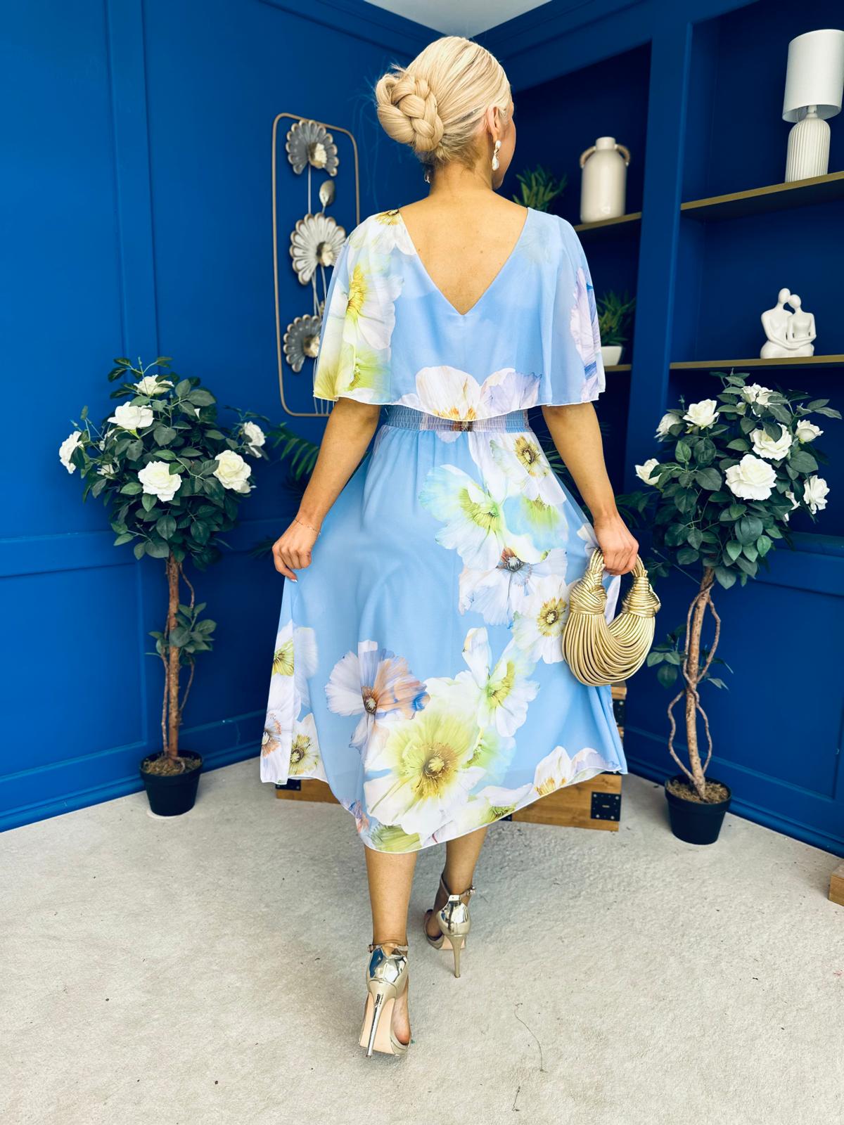 Julia Cape Detailed Midi Dress Floral Sky
