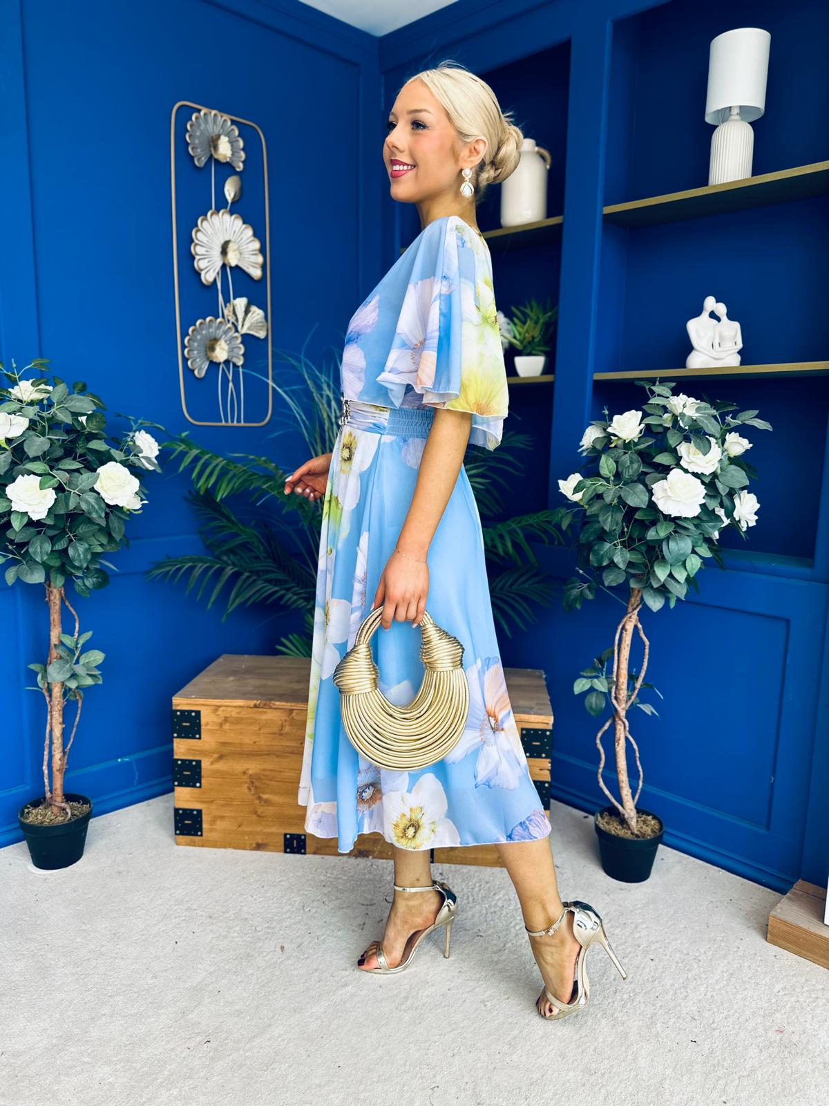 Julia Cape Detailed Midi Dress Floral Sky