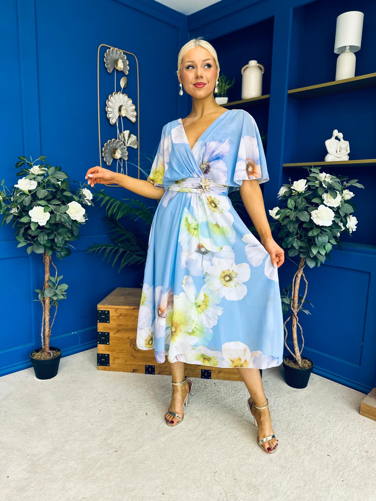 Julia Cape Detailed Midi Dress Floral Sky