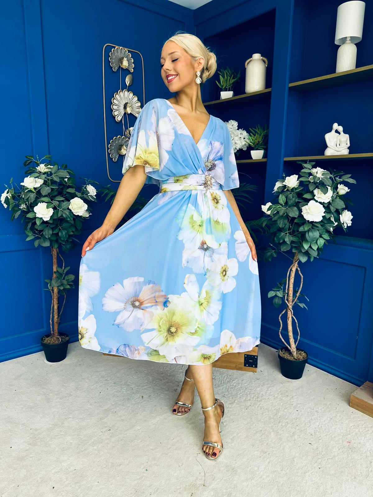 Julia Cape Detailed Midi Dress Floral Sky