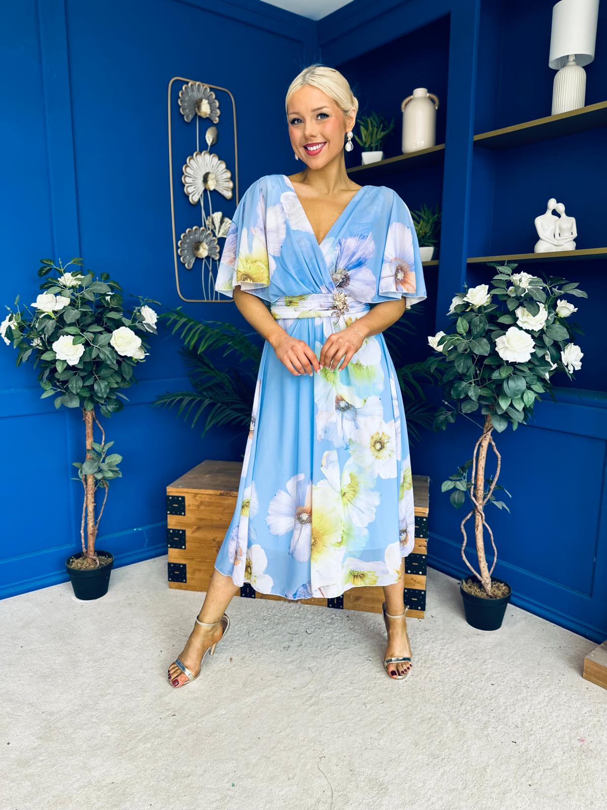 Julia Cape Detailed Midi Dress Floral Sky