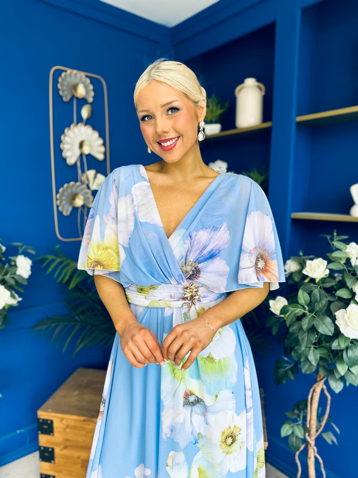 Julia Cape Detailed Midi Dress Floral Sky