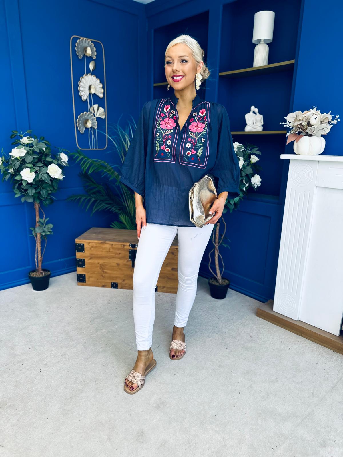 Hannah Crochet Detail Top Navy