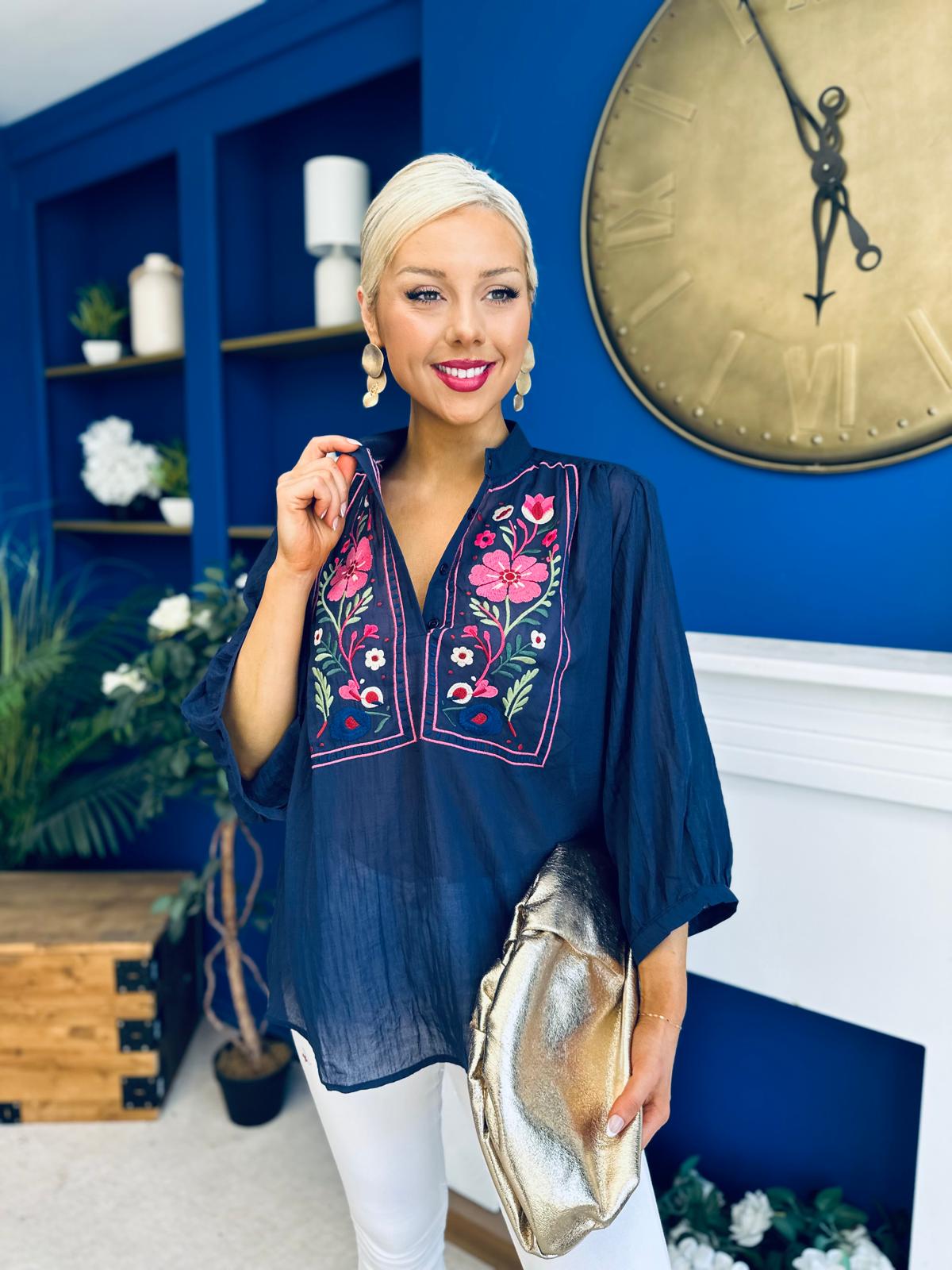 Hannah Crochet Detail Top Navy