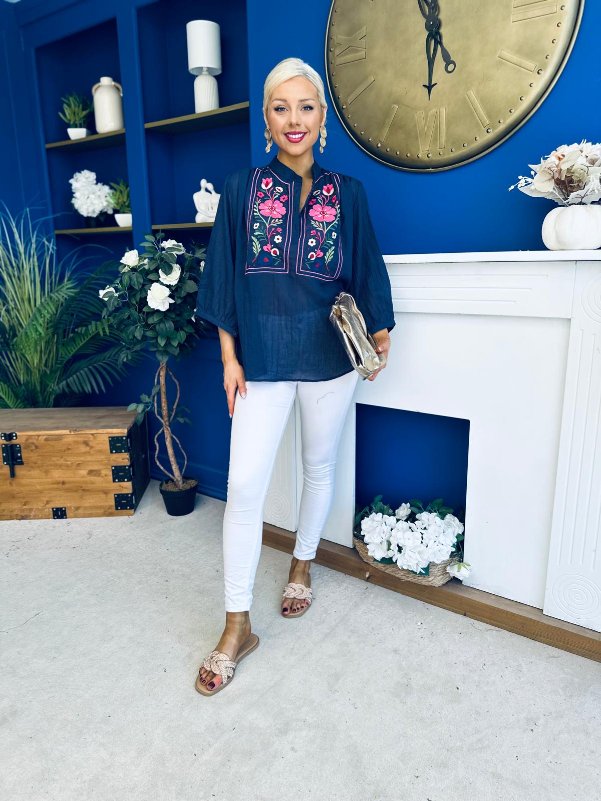 Hannah Crochet Detail Top Navy