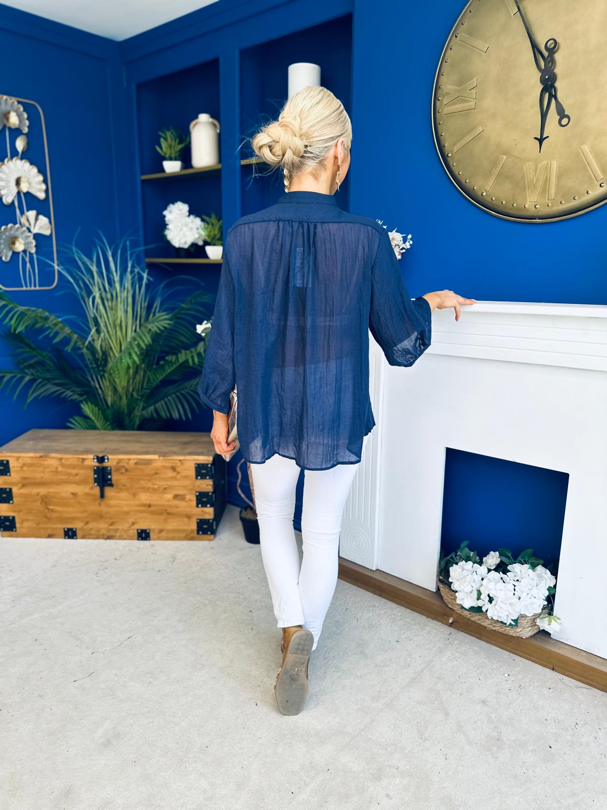 Hannah Crochet Detail Top Navy