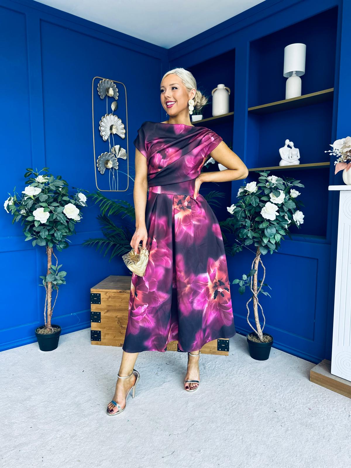 Breffy Asymmetric Neckline Skater Midi Floral Plum