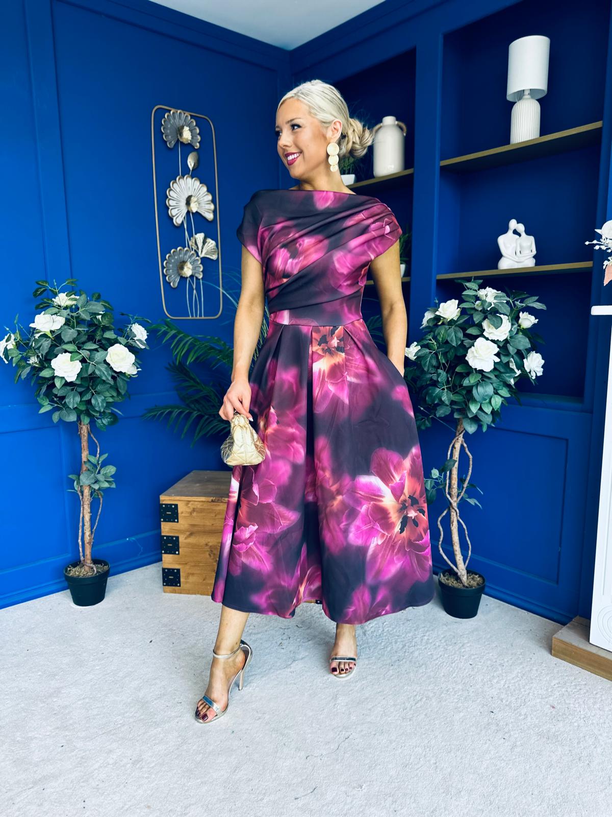 Breffy Asymmetric Neckline Skater Midi Floral Plum