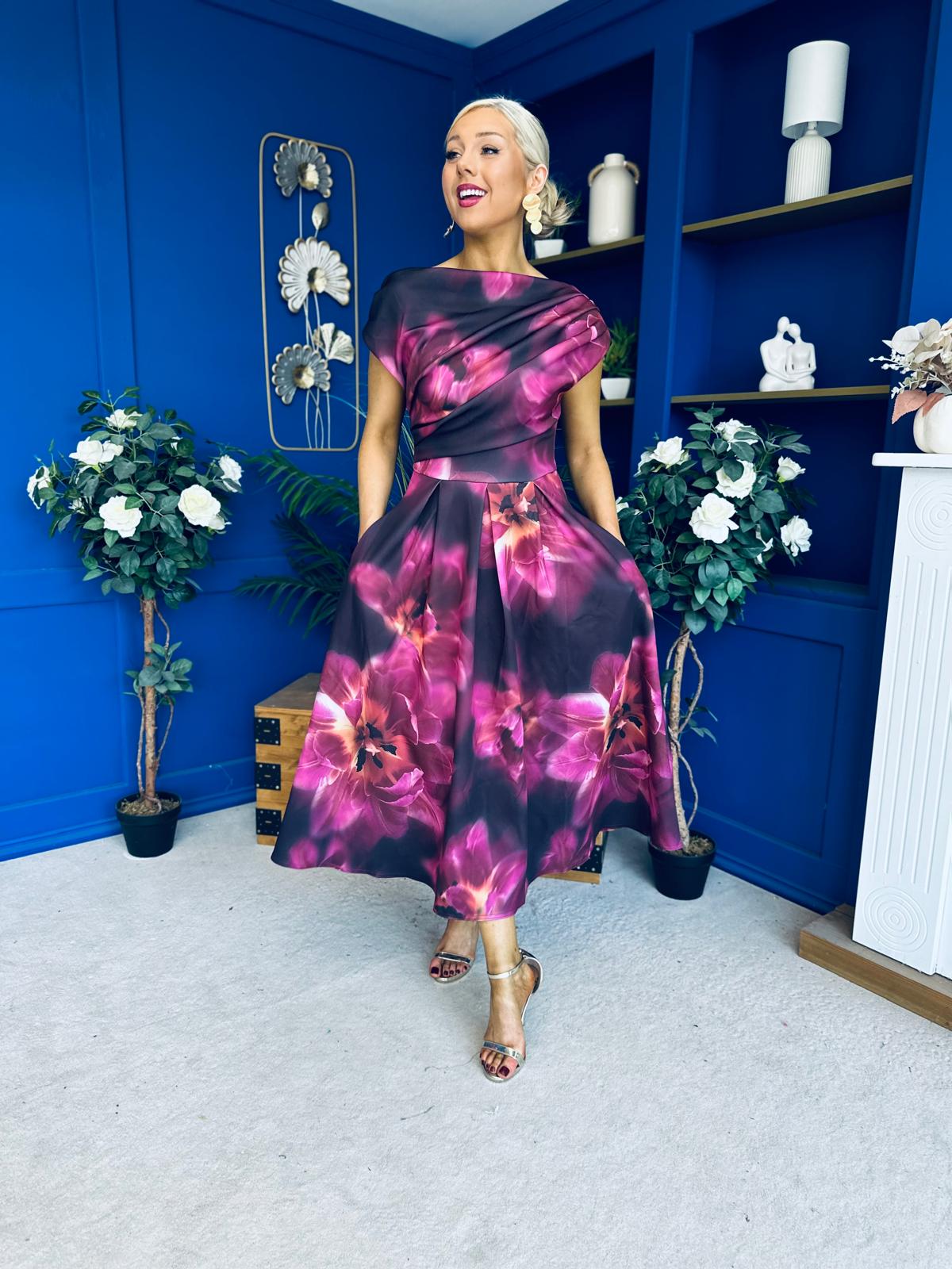 Breffy Asymmetric Neckline Skater Midi Floral Plum