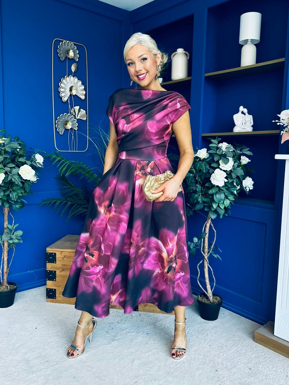 Breffy Asymmetric Neckline Skater Midi Floral Plum