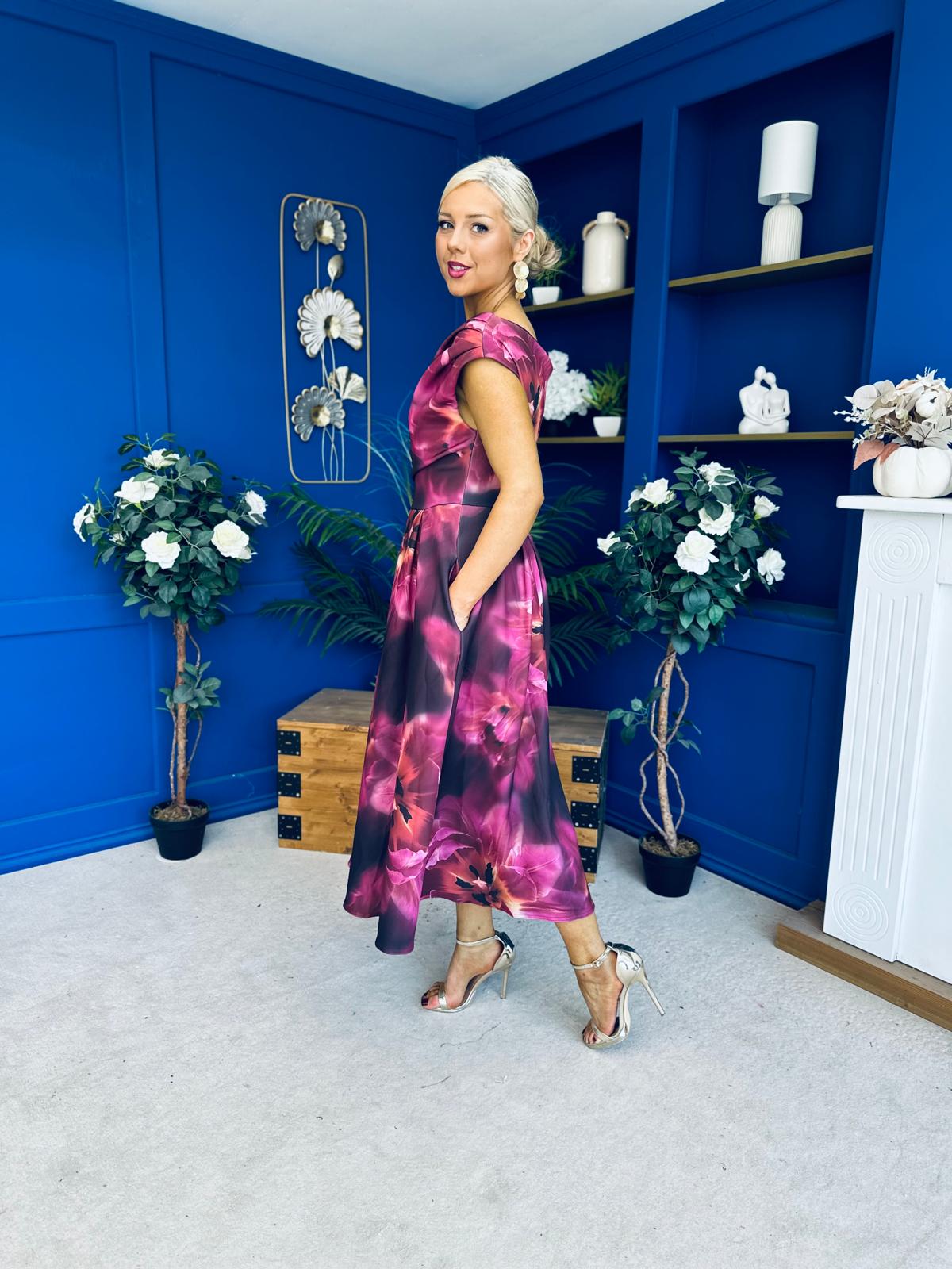Breffy Asymmetric Neckline Skater Midi Floral Plum
