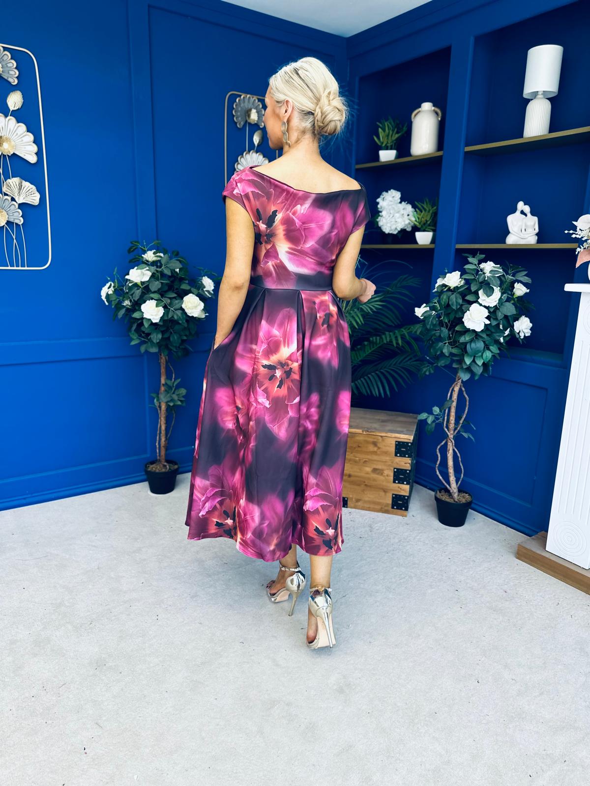 Breffy Asymmetric Neckline Skater Midi Floral Plum