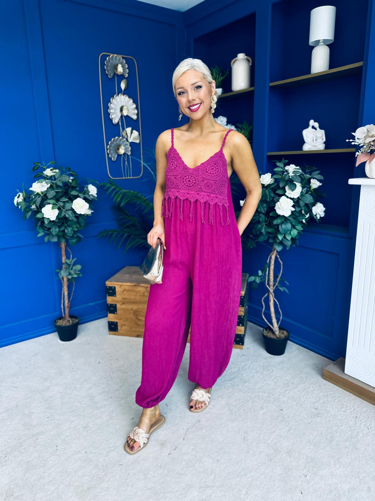 Alana Crochet Detail Strappy Jumpsuit Berry