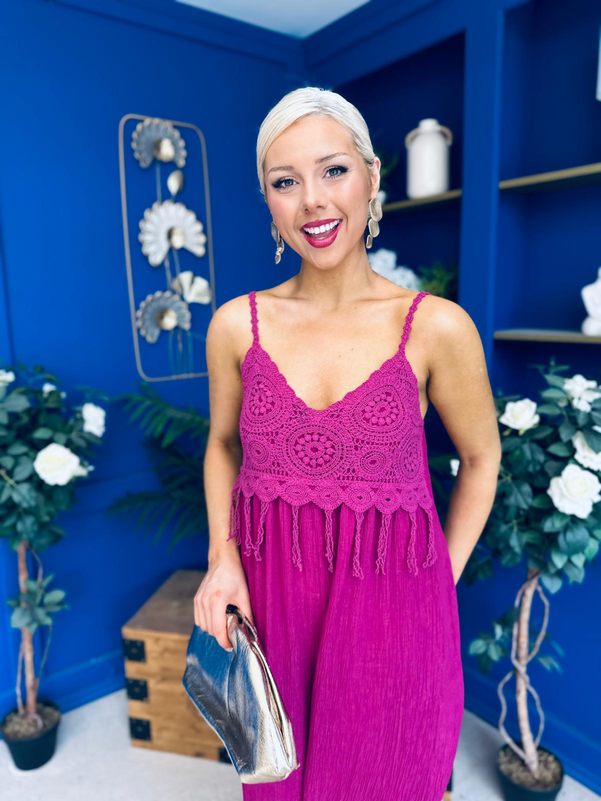 Alana Crochet Detail Strappy Jumpsuit Berry