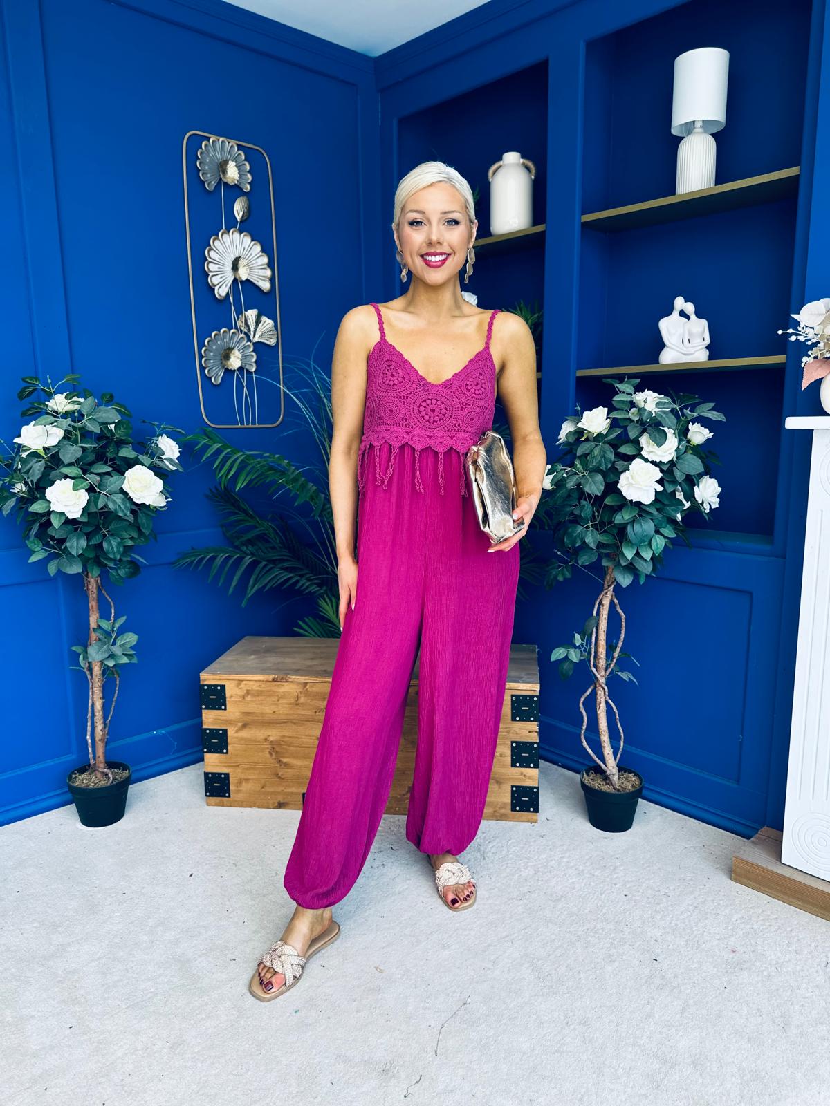 Alana Crochet Detail Strappy Jumpsuit Berry
