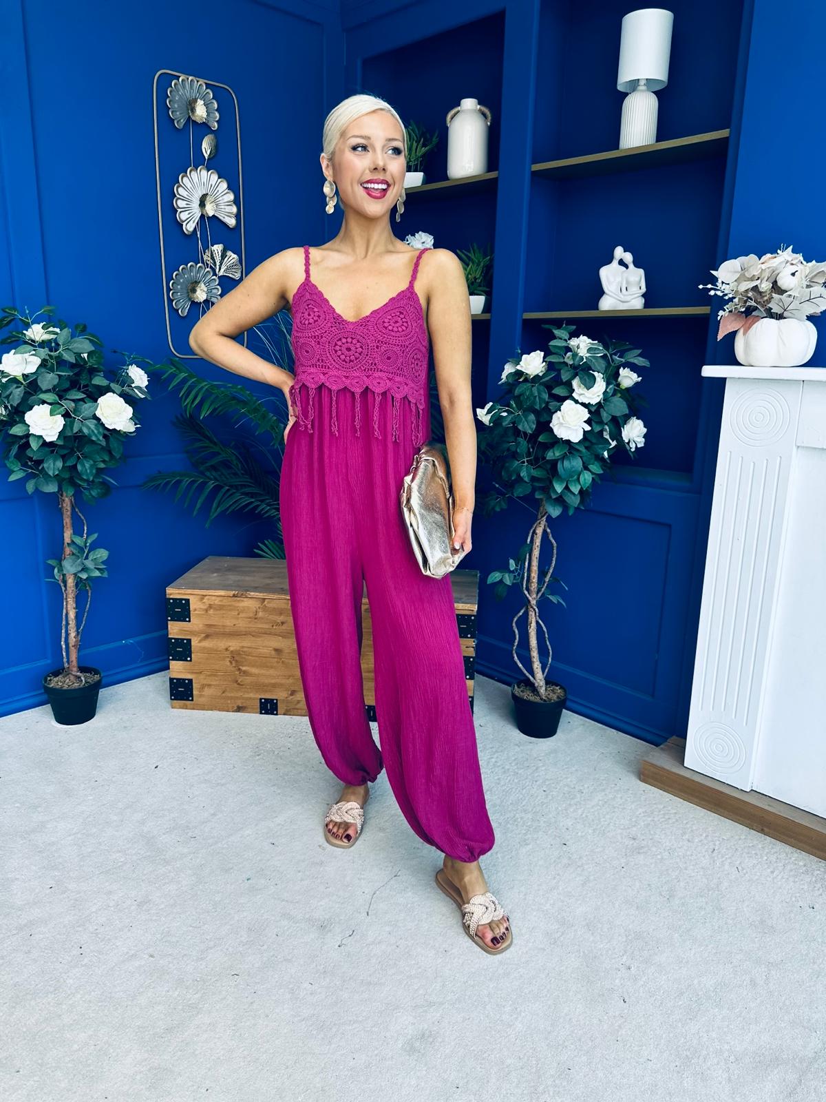 Alana Crochet Detail Strappy Jumpsuit Berry
