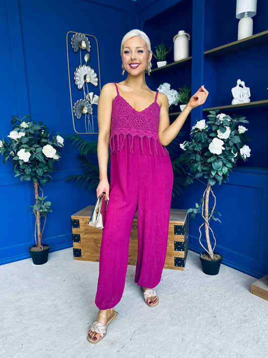 Alana Crochet Detail Strappy Jumpsuit Berry