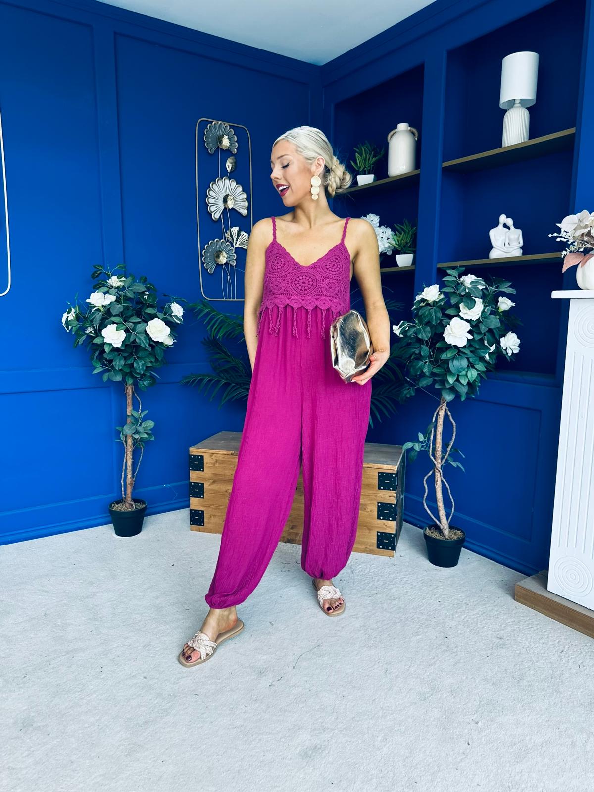 Alana Crochet Detail Strappy Jumpsuit Berry
