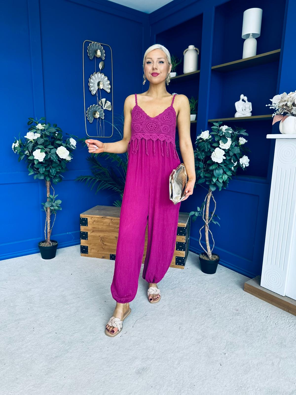 Alana Crochet Detail Strappy Jumpsuit Berry