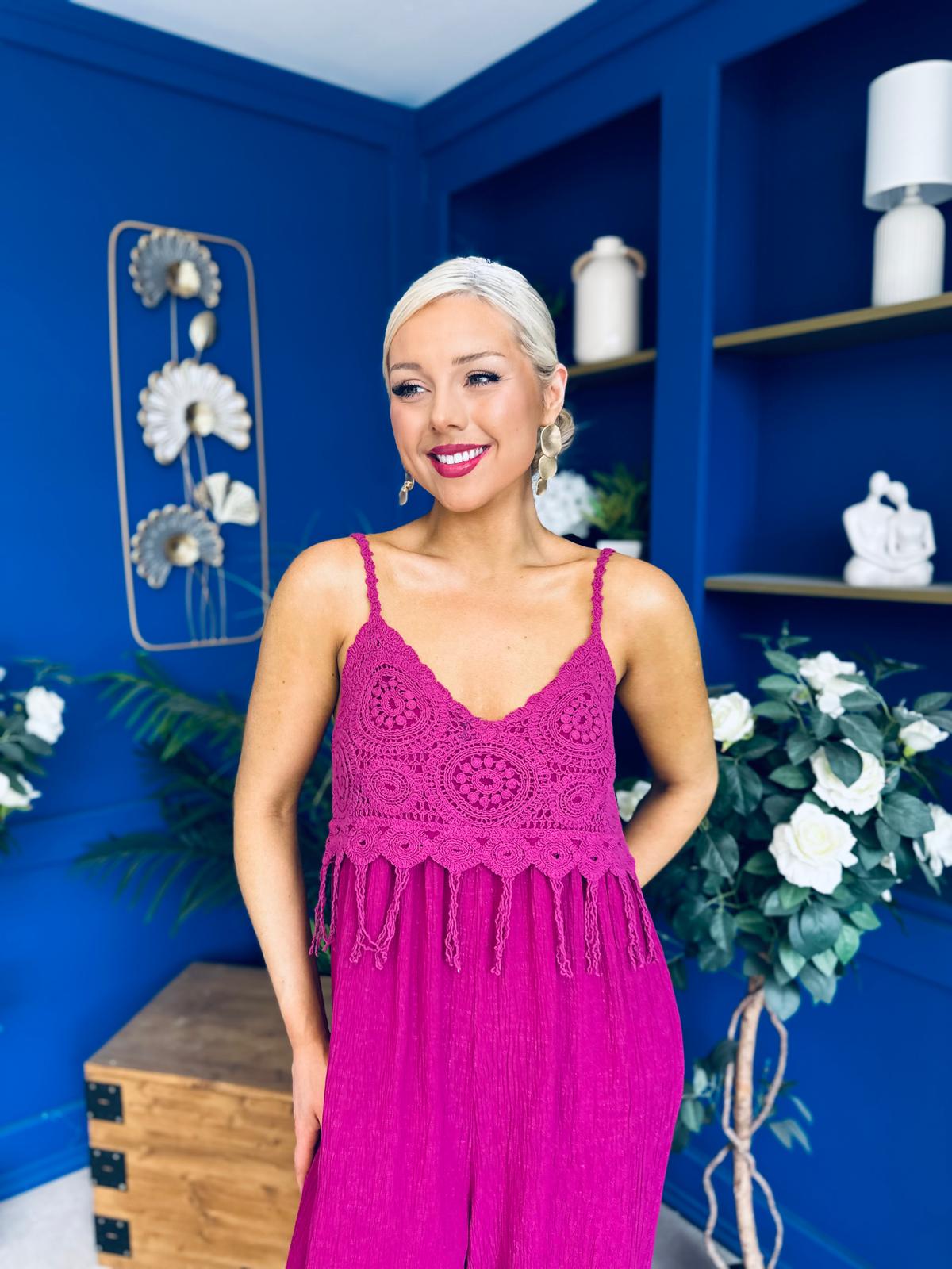 Alana Crochet Detail Strappy Jumpsuit Berry