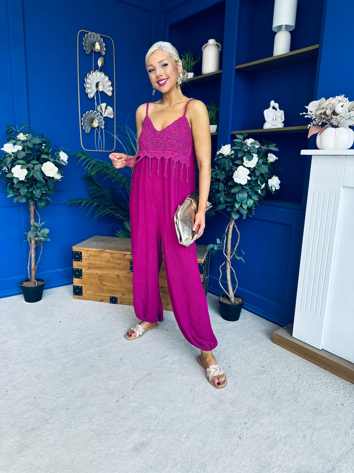 Alana Crochet Detail Strappy Jumpsuit Berry