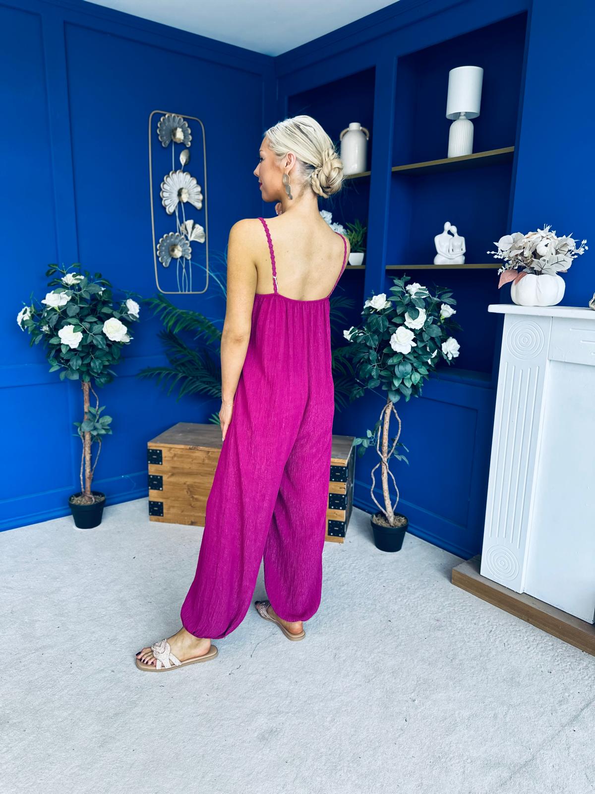 Alana Crochet Detail Strappy Jumpsuit Berry