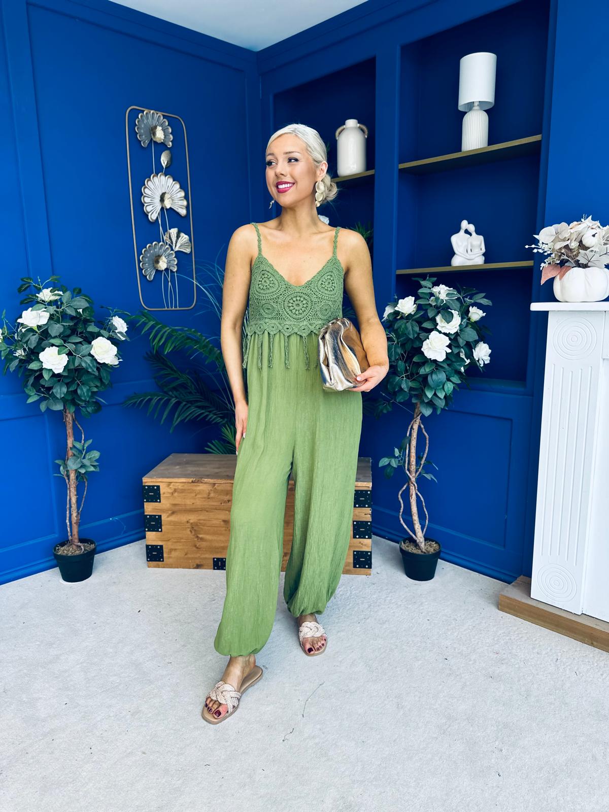 Alana Crochet Detail Strappy Jumpsuit Green