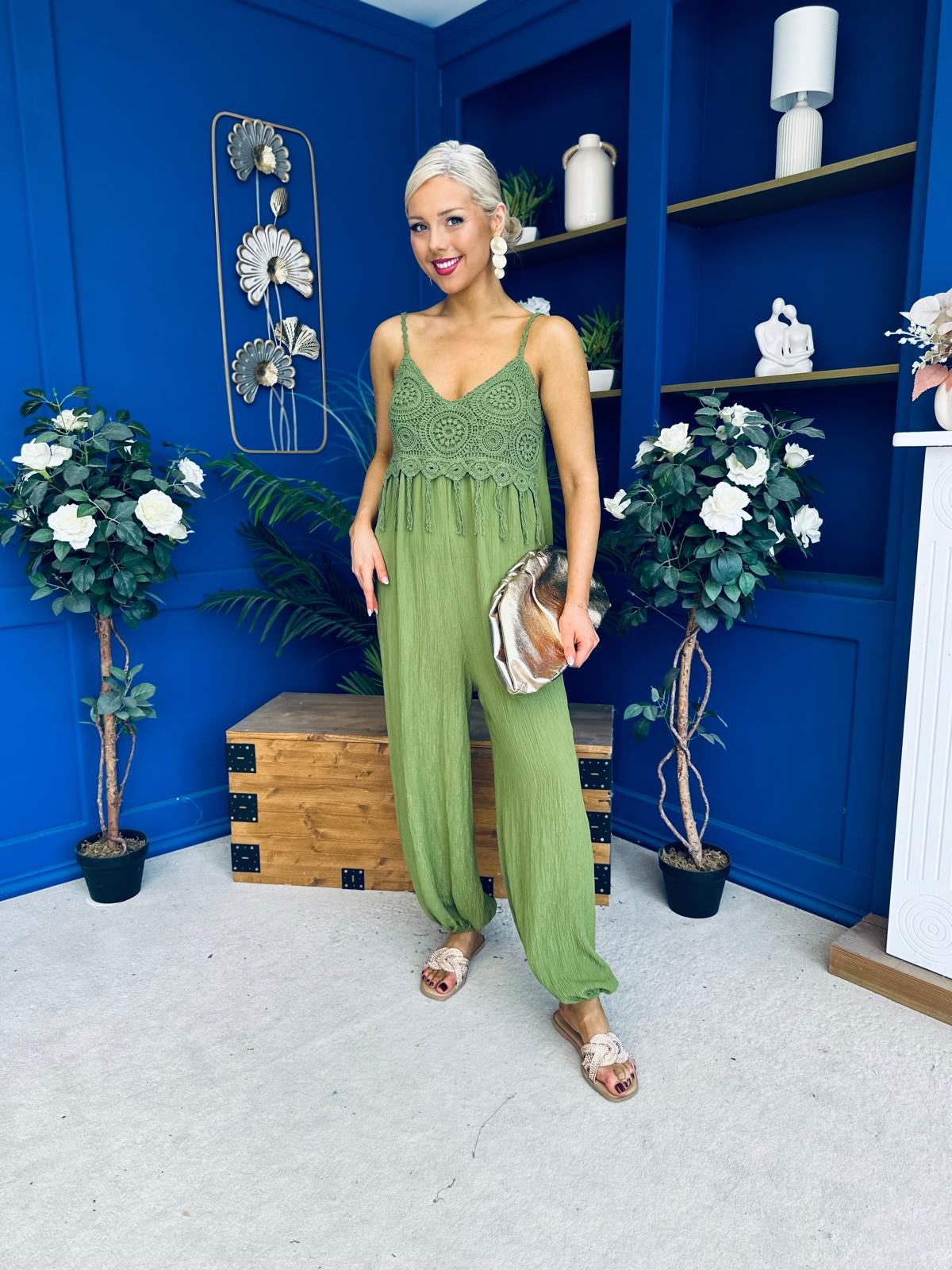 Alana Crochet Detail Strappy Jumpsuit Green