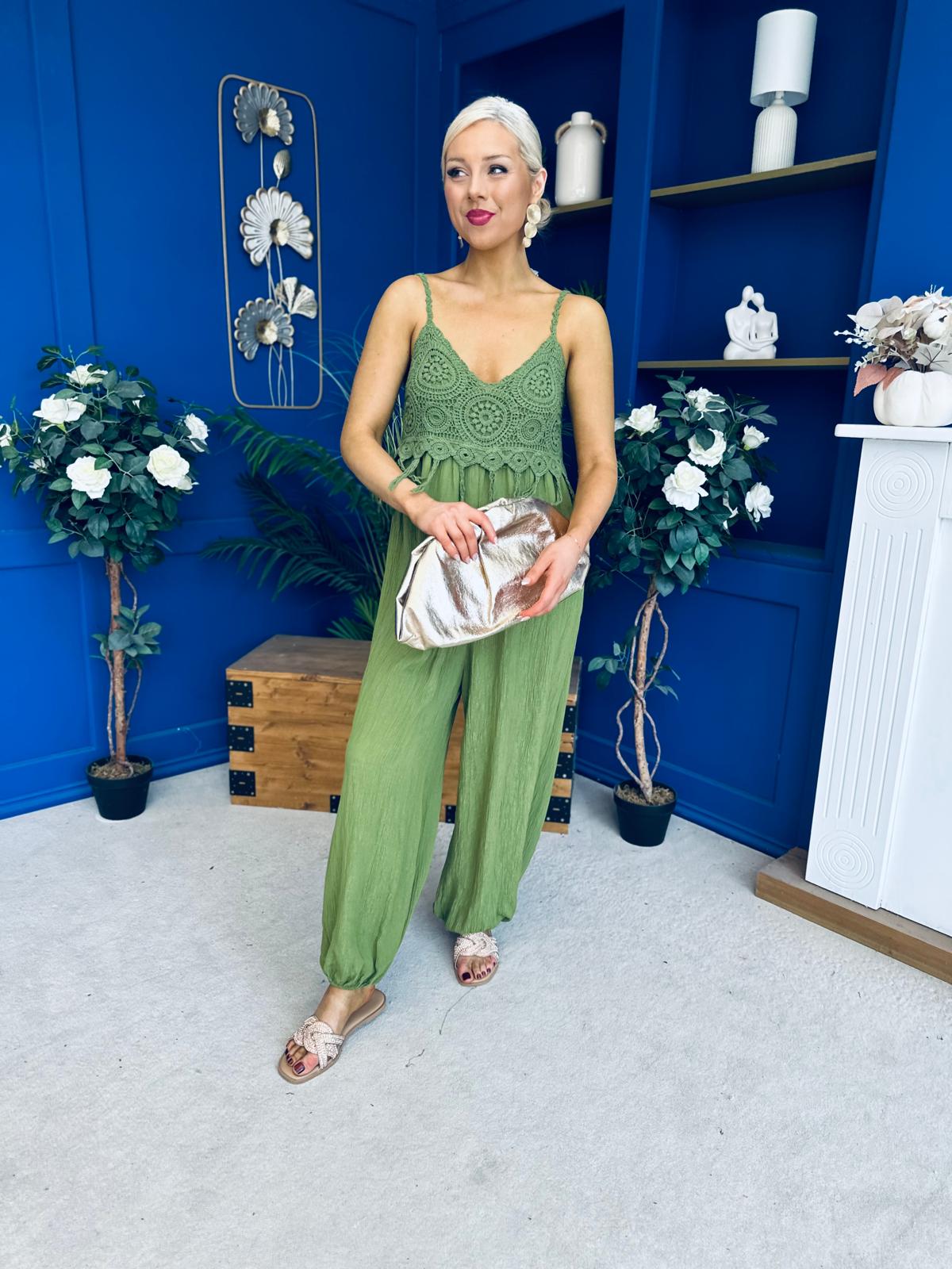 Alana Crochet Detail Strappy Jumpsuit Green