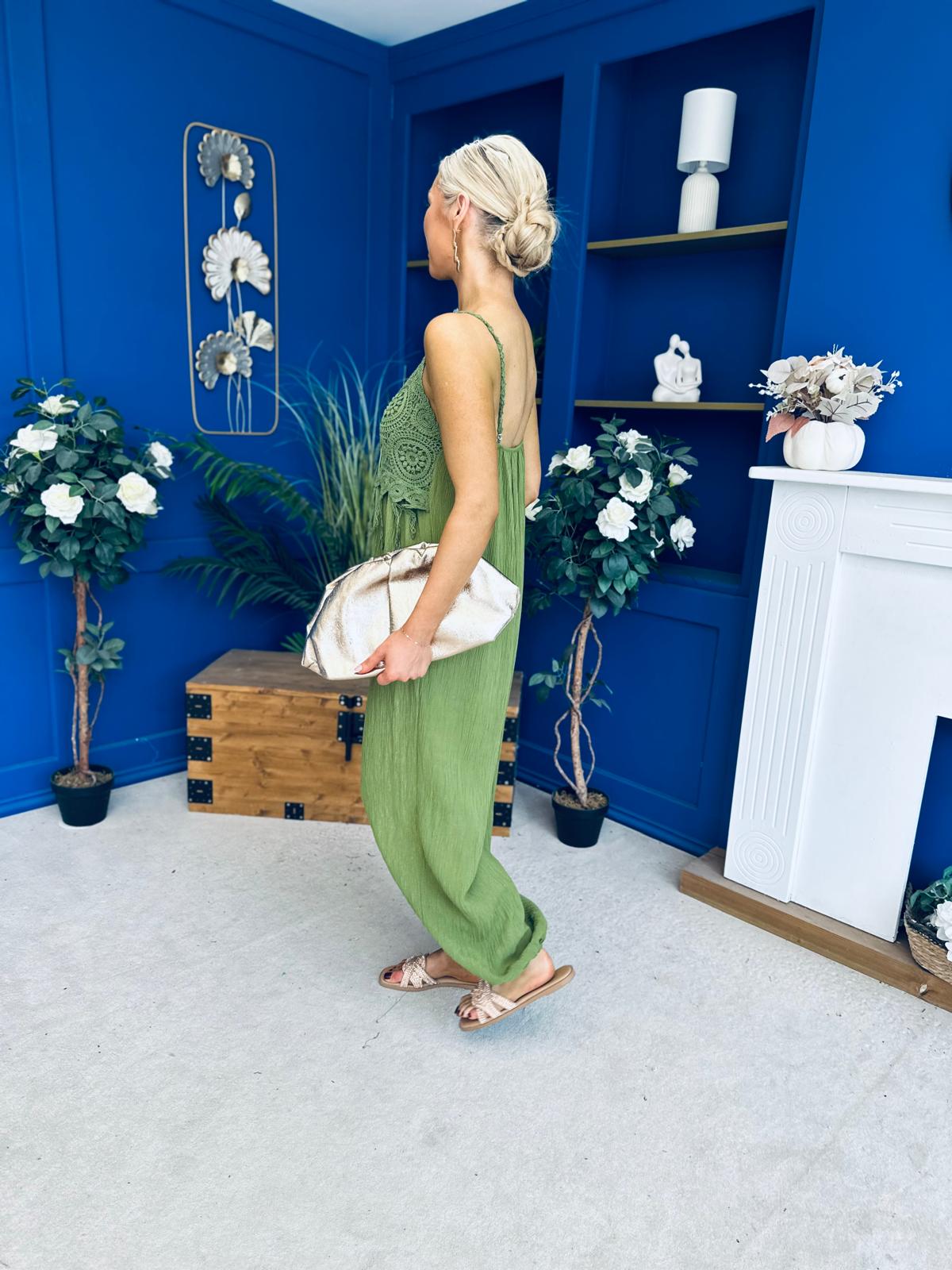 Alana Crochet Detail Strappy Jumpsuit Green