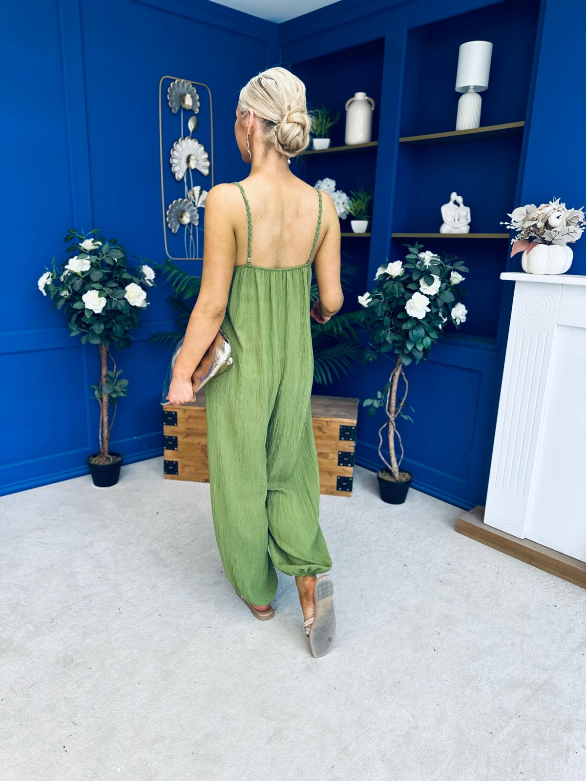 Alana Crochet Detail Strappy Jumpsuit Green