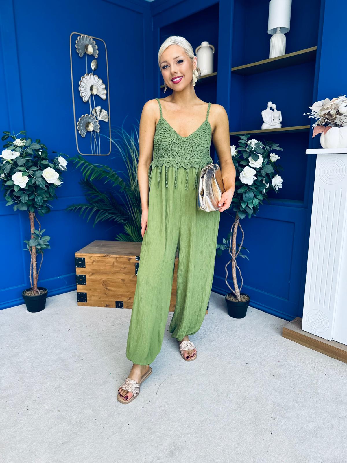 Alana Crochet Detail Strappy Jumpsuit Green