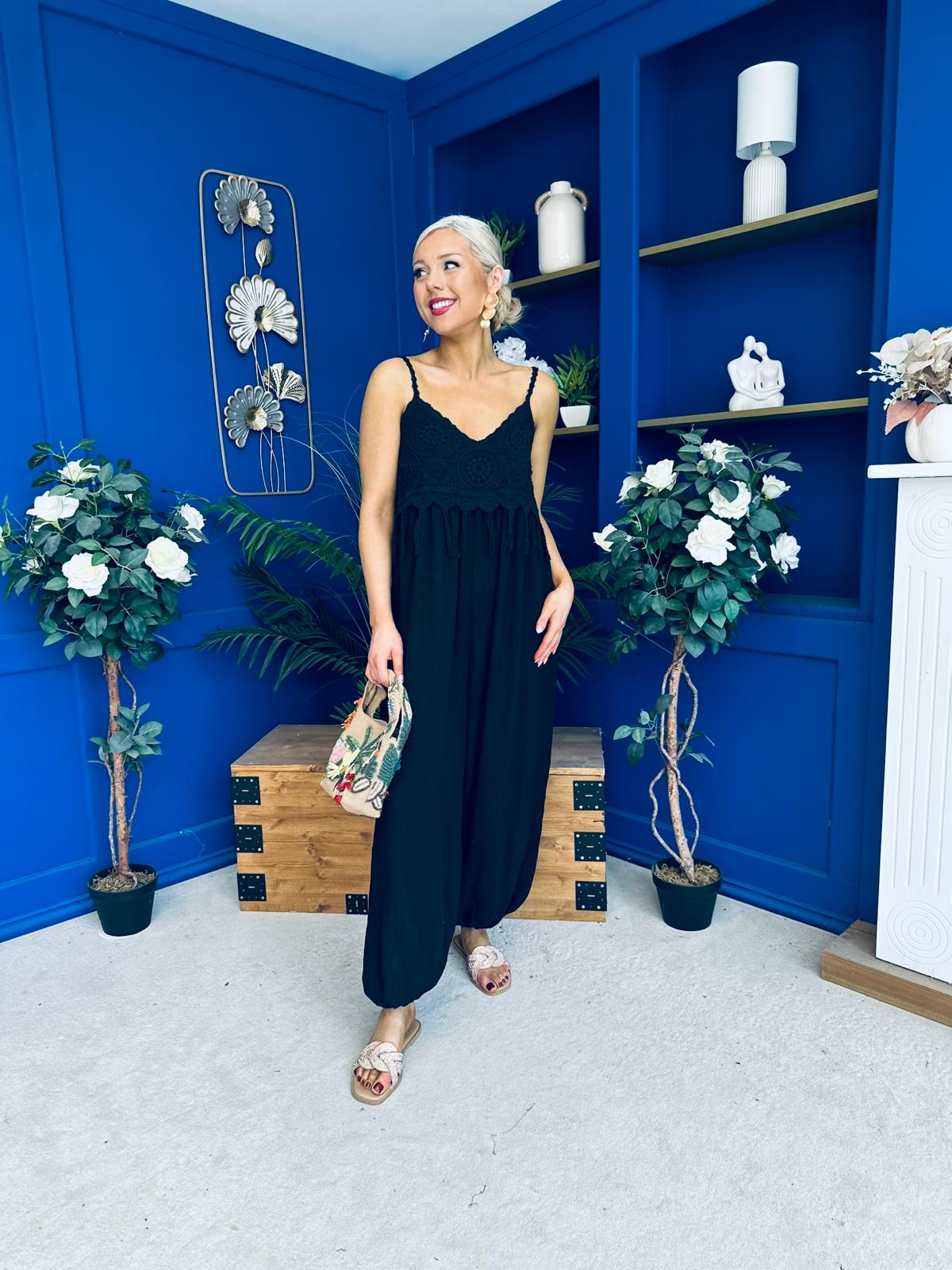 Alana Crochet Detail Strappy Jumpsuit Black