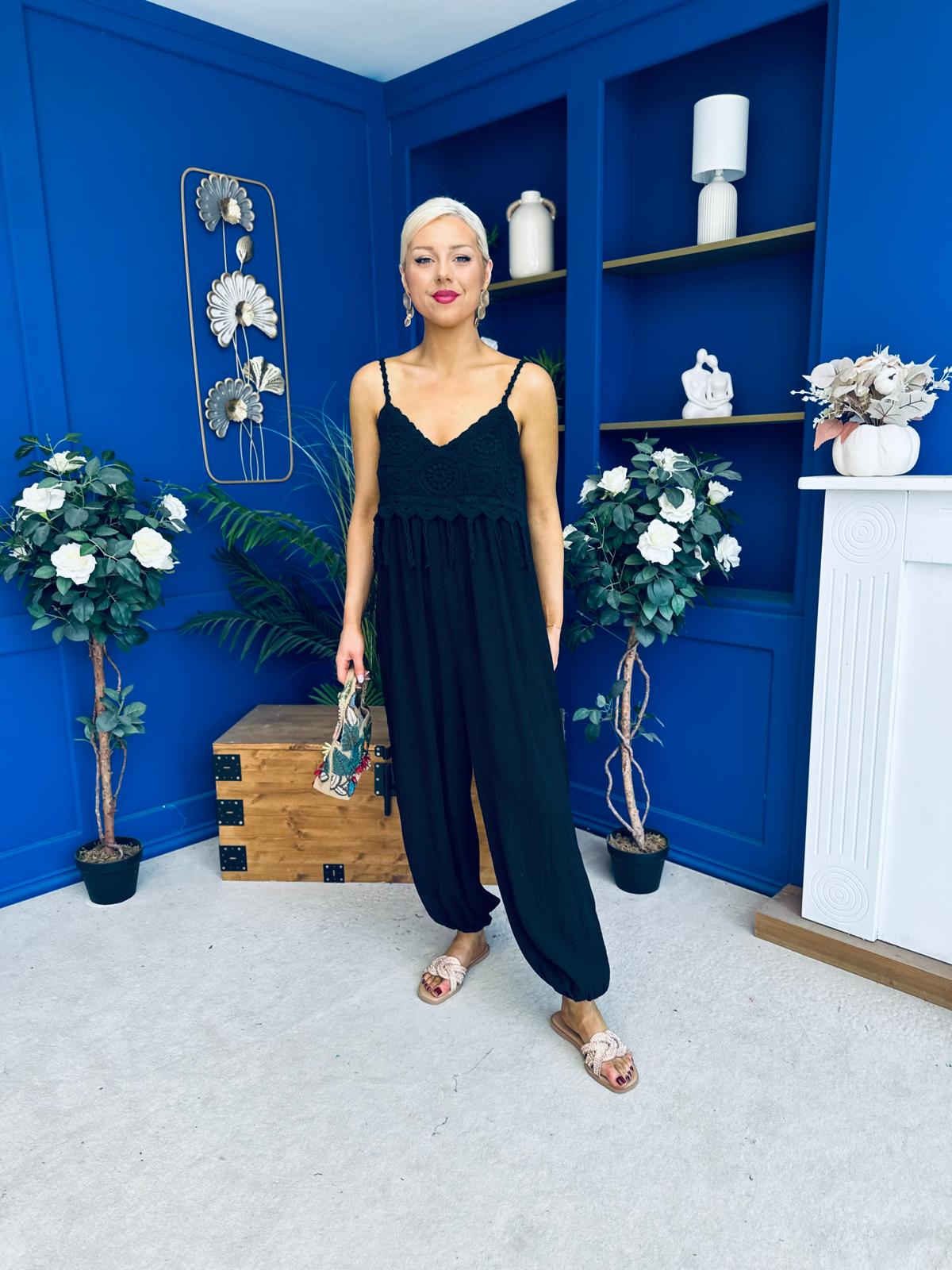 Alana Crochet Detail Strappy Jumpsuit Black