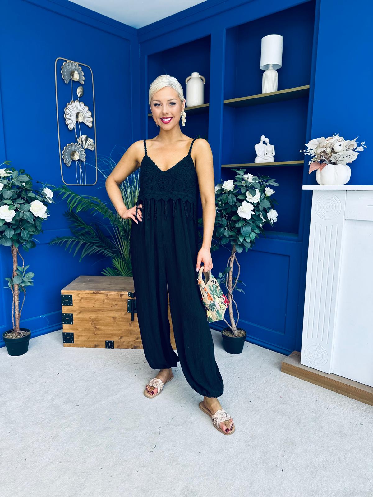 Alana Crochet Detail Strappy Jumpsuit Black