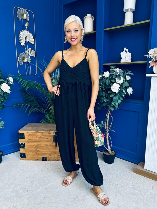 Alana Crochet Detail Strappy Jumpsuit Black