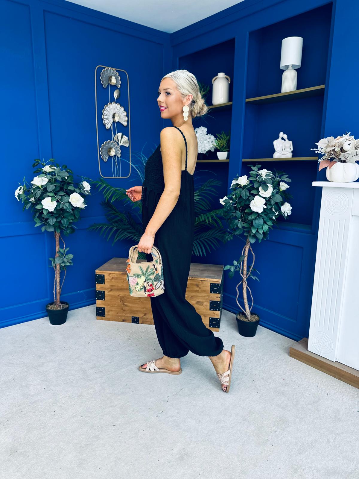 Alana Crochet Detail Strappy Jumpsuit Black