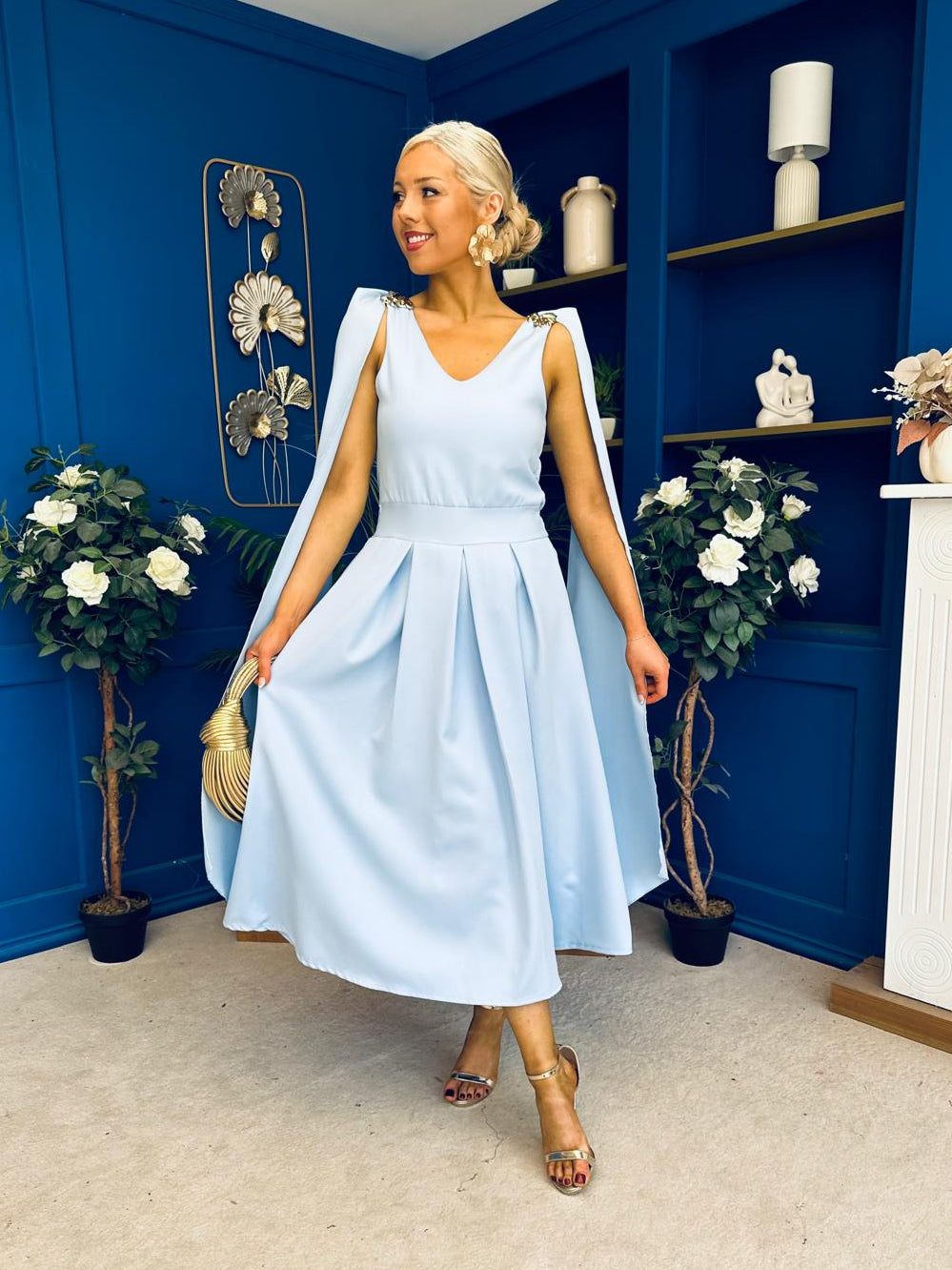 Imelda Cape Detail Occasion Midi Dress Pwr Blue