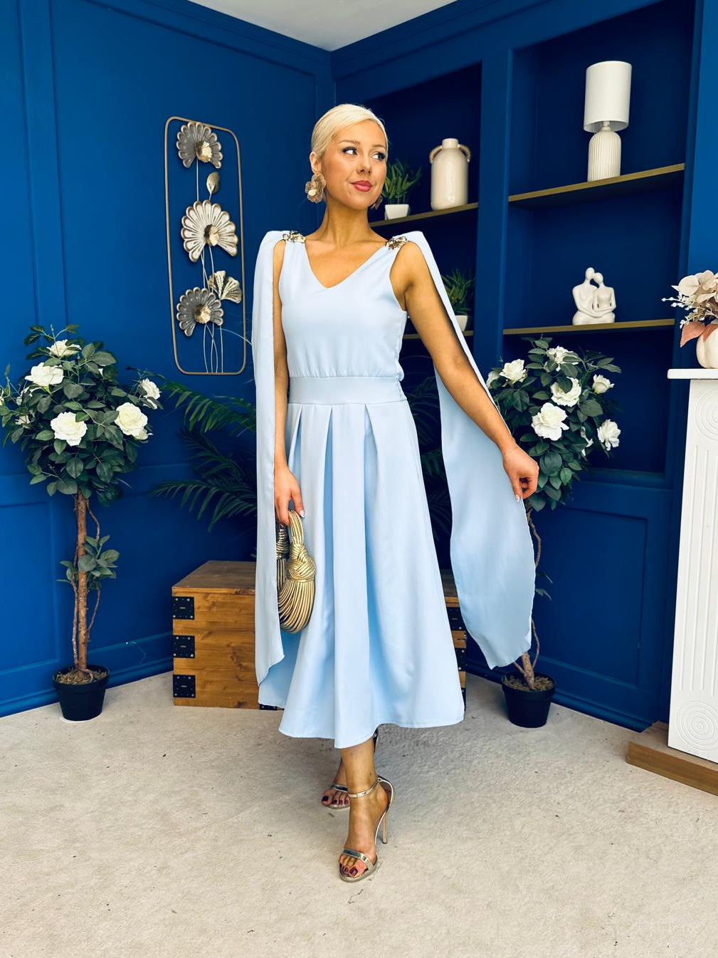 Imelda Cape Detail Occasion Midi Dress Pwr Blue