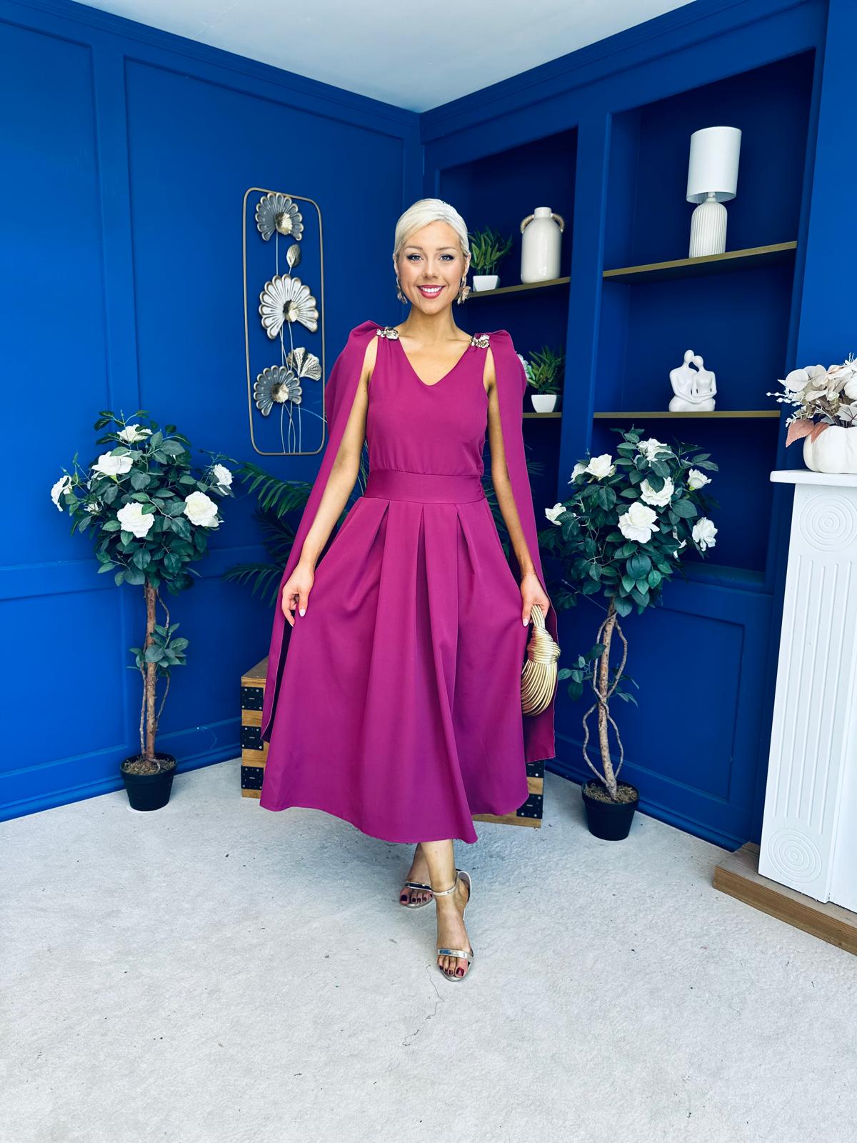 Imelda Cape Detail Occasion Midi Dress Berry
