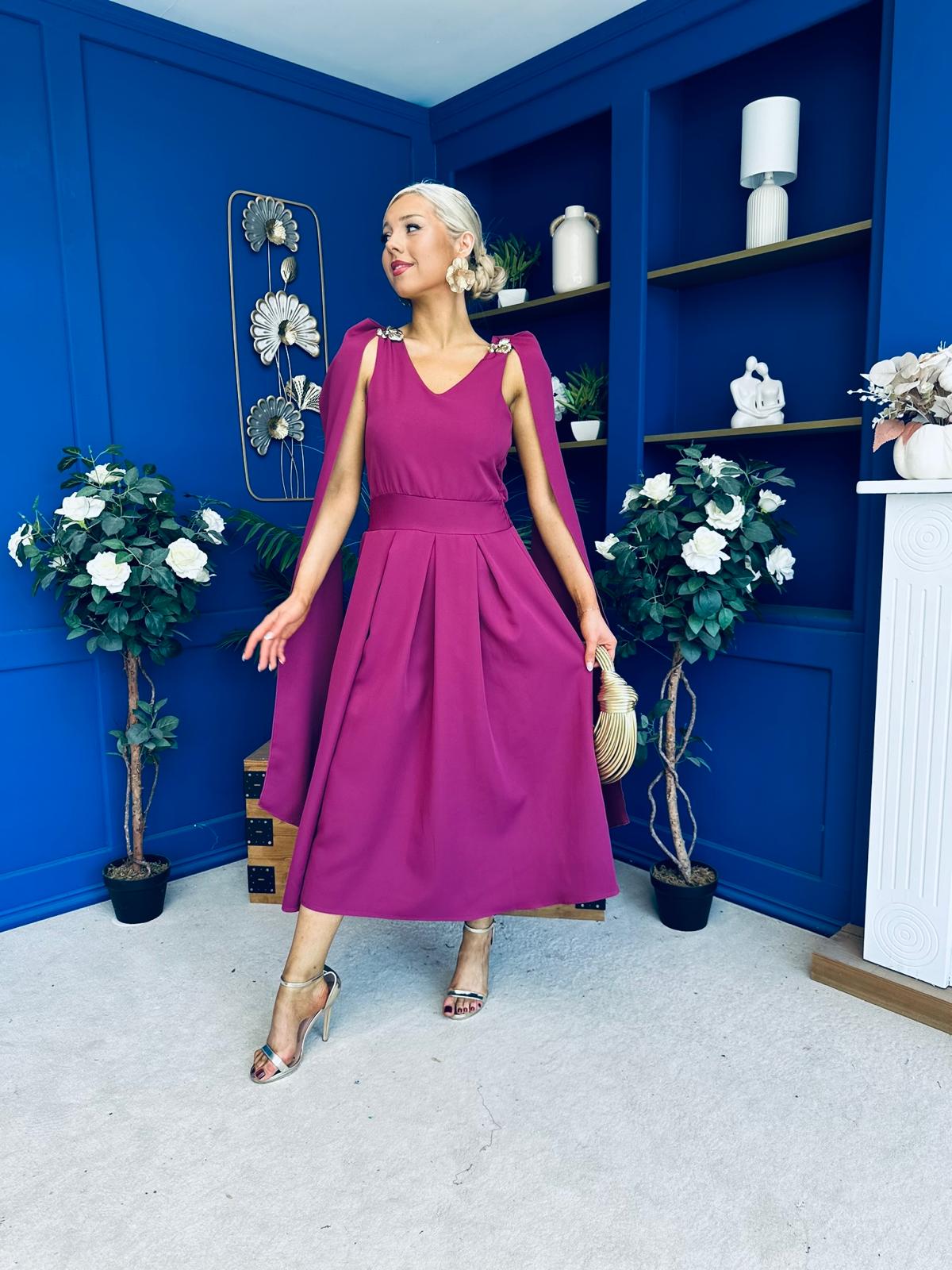 Imelda Cape Detail Occasion Midi Dress Berry