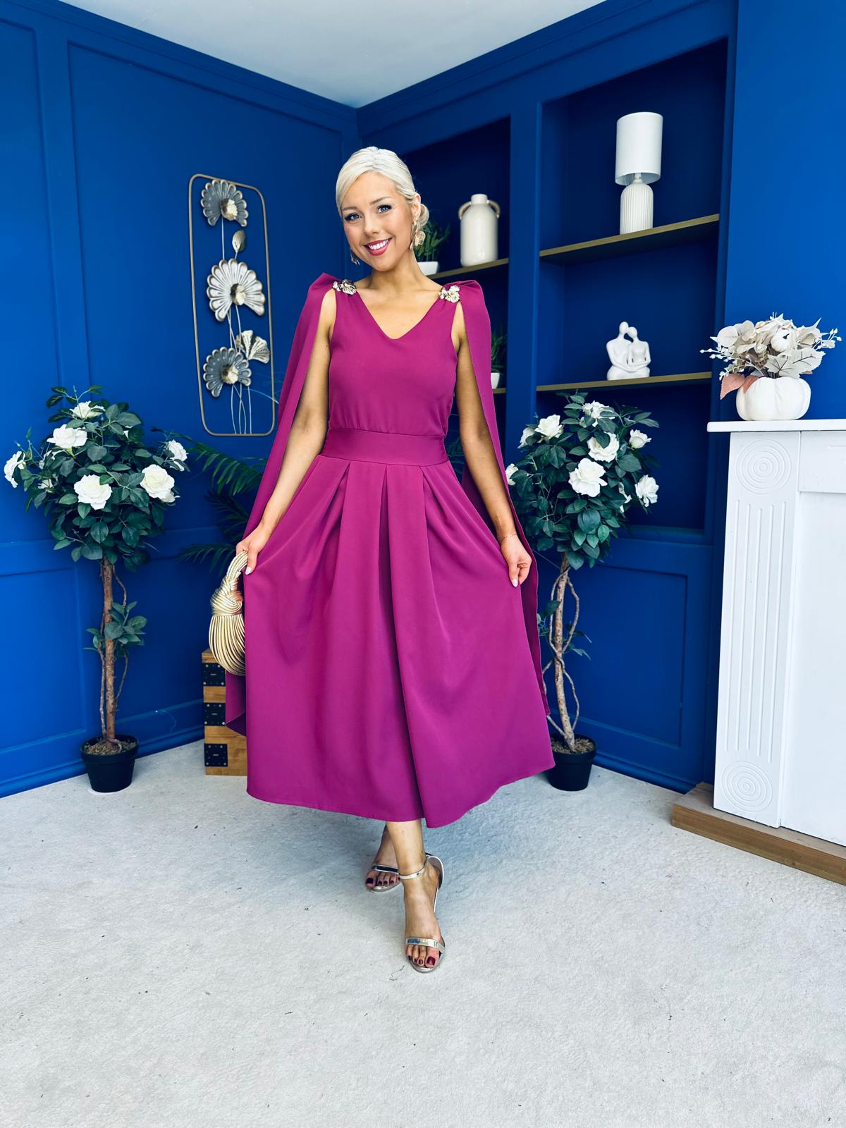 Imelda Cape Detail Occasion Midi Dress Berry