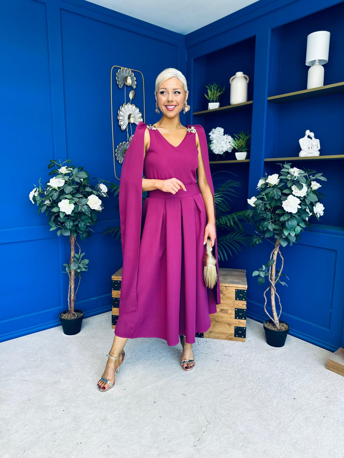 Imelda Cape Detail Occasion Midi Dress Berry