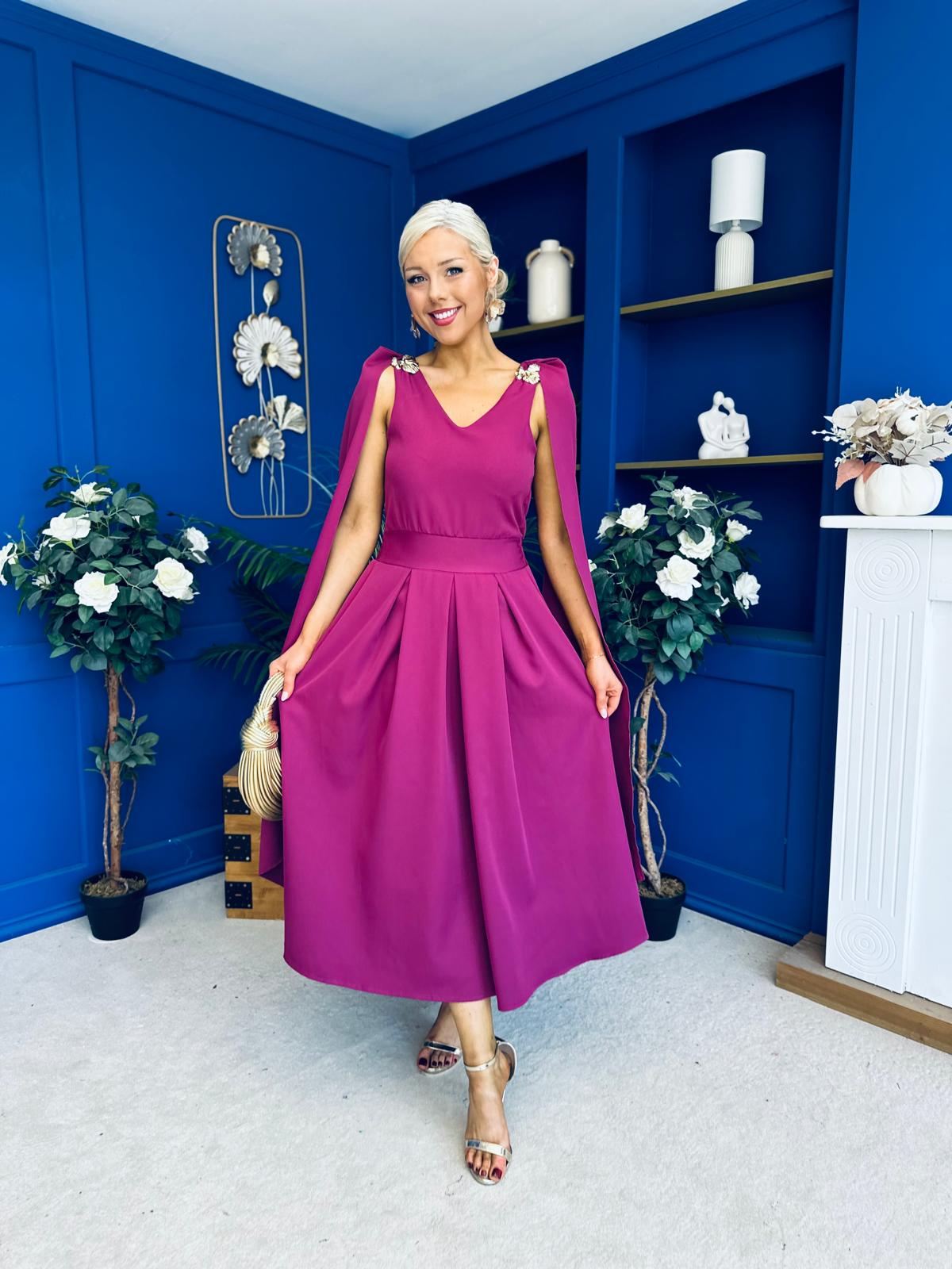 Imelda Cape Detail Occasion Midi Dress Berry