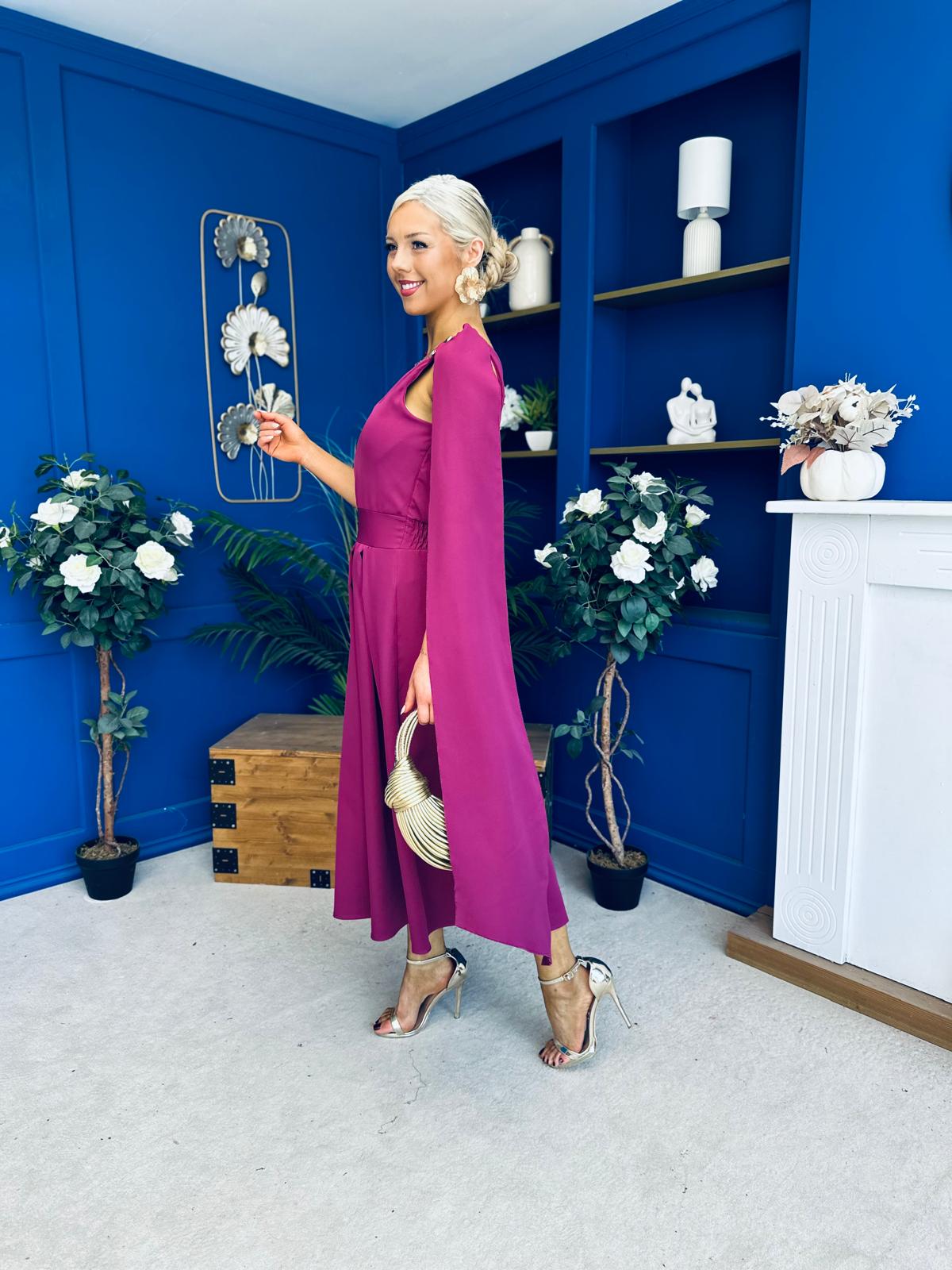 Imelda Cape Detail Occasion Midi Dress Berry